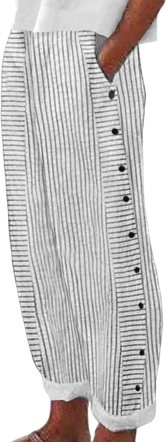 Striped Linen Pants Women Side Button Elastic Waist Capri Gauze Pants Lightweight Summer Beach Trousers with Pockets