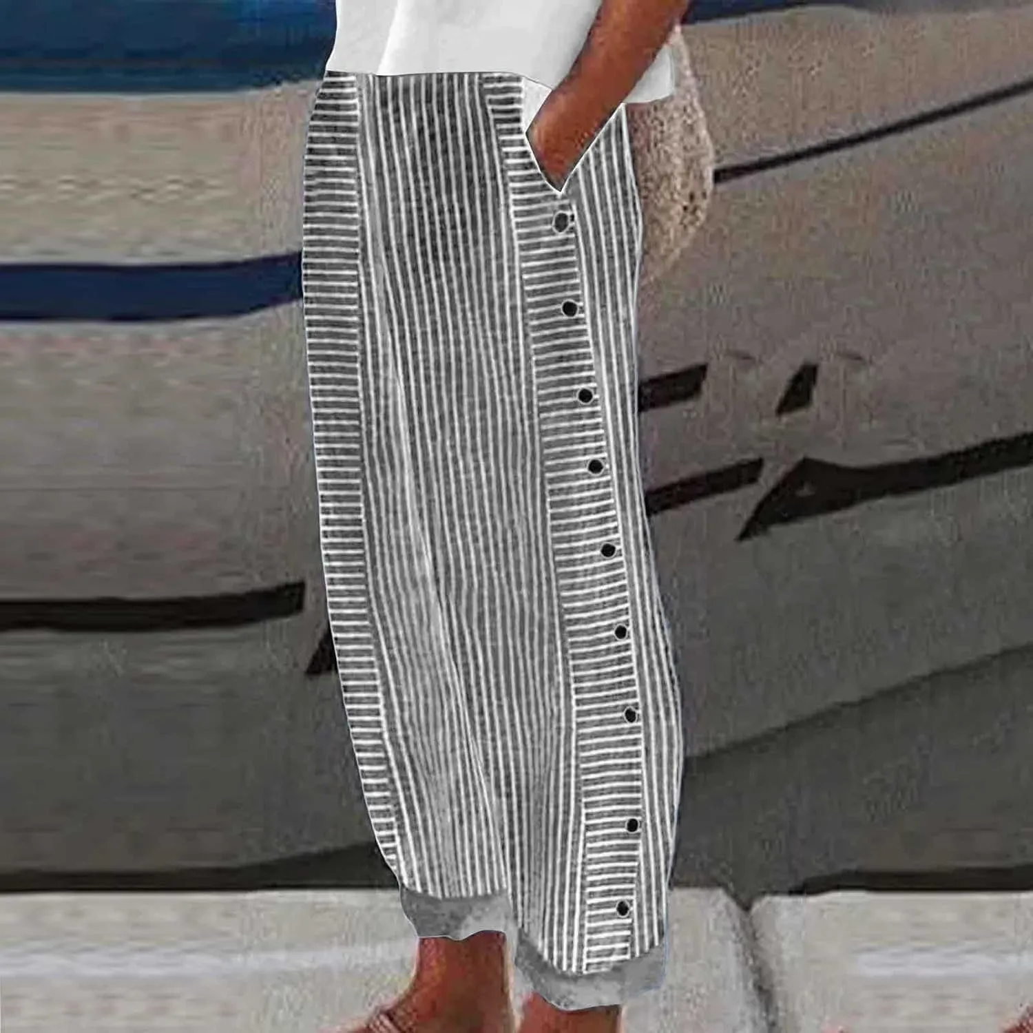 Striped Linen Pants Women Side Button Elastic Waist Capri Gauze Pants Lightweight Summer Beach Trousers with Pockets