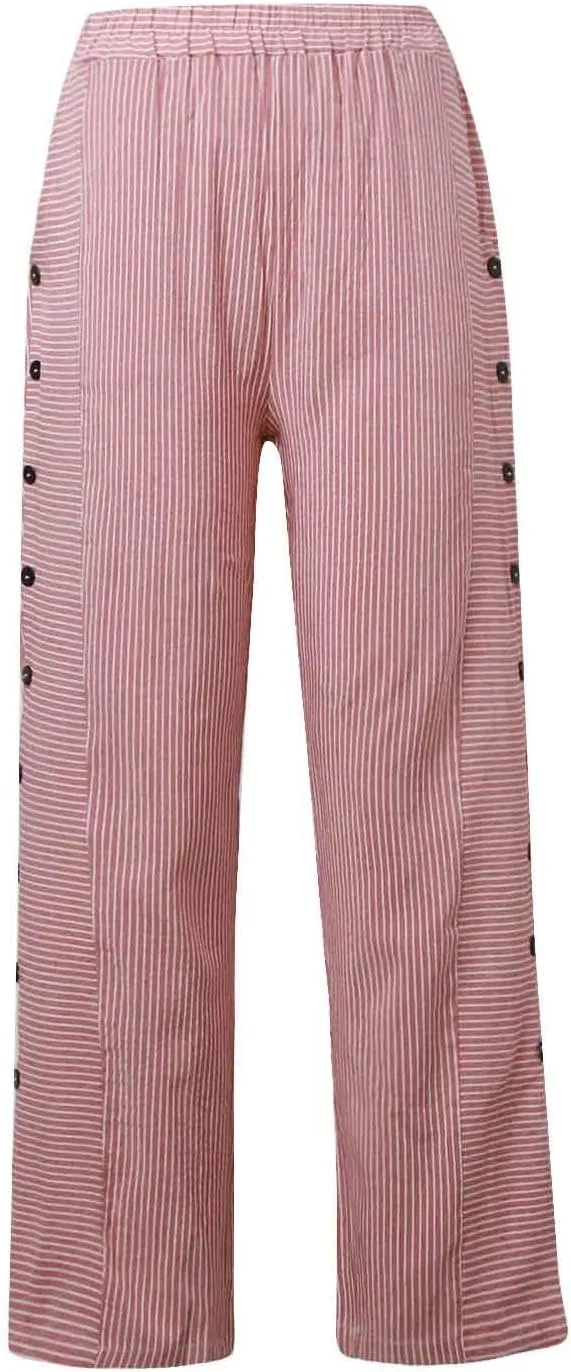 Striped Linen Pants Women Side Button Elastic Waist Capri Gauze Pants Lightweight Summer Beach Trousers with Pockets