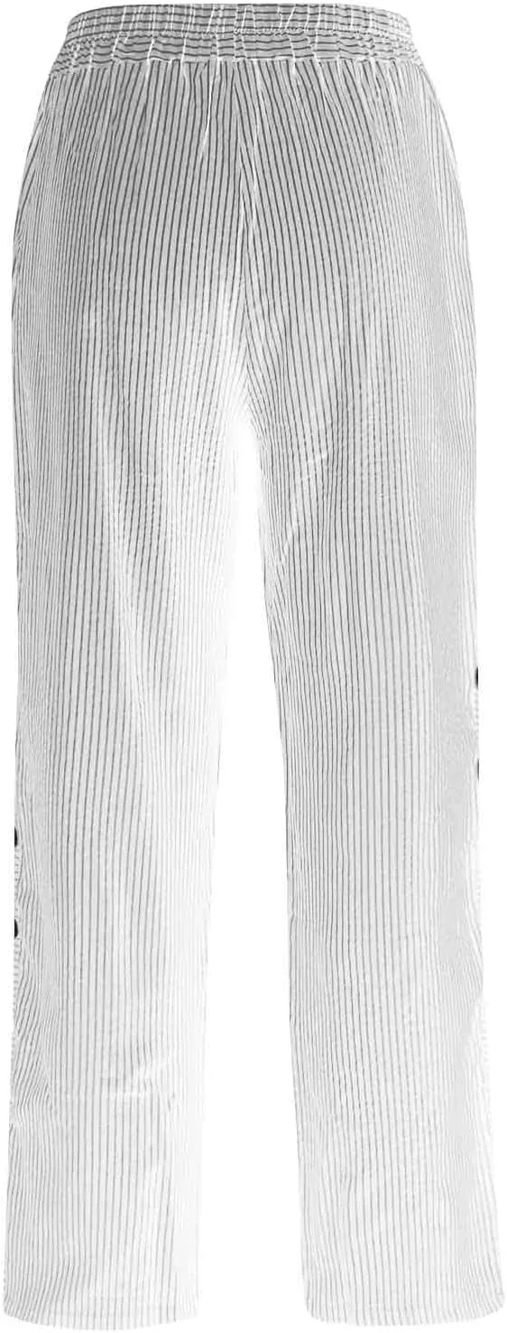 Striped Linen Pants Women Side Button Elastic Waist Capri Gauze Pants Lightweight Summer Beach Trousers with Pockets