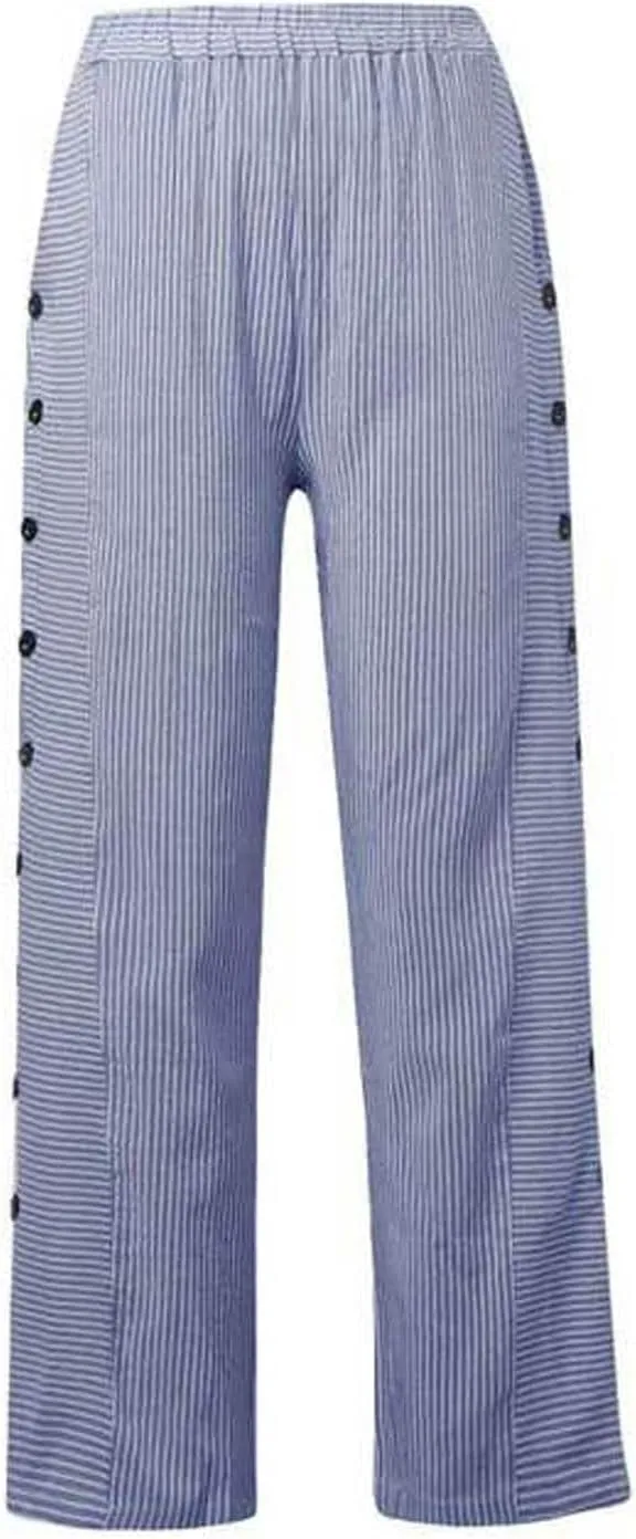 Striped Linen Pants Women Side Button Elastic Waist Capri Gauze Pants Lightweight Summer Beach Trousers with Pockets
