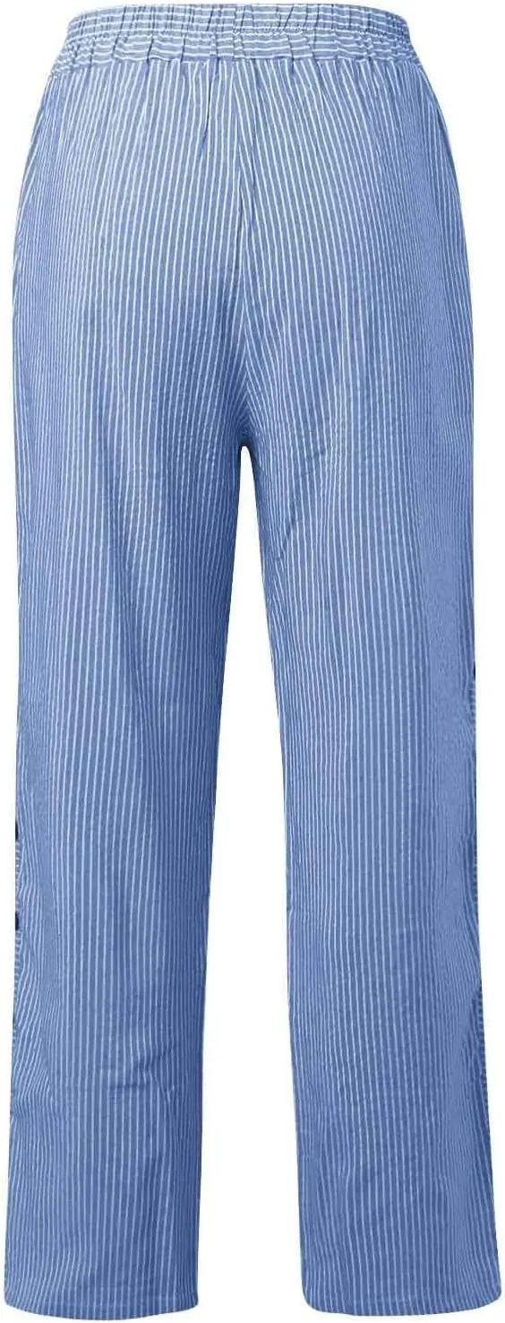 Striped Linen Pants Women Side Button Elastic Waist Capri Gauze Pants Lightweight Summer Beach Trousers with Pockets