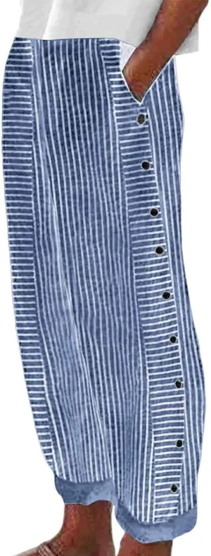Striped Linen Pants Women Side Button Elastic Waist Capri Gauze Pants Lightweight Summer Beach Trousers with Pockets
