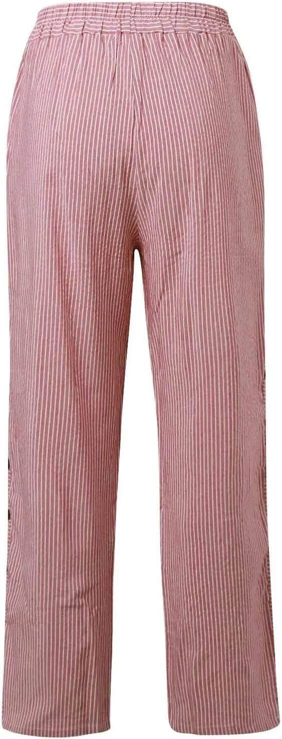 Striped Linen Pants Women Side Button Elastic Waist Capri Gauze Pants Lightweight Summer Beach Trousers with Pockets