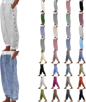 Striped Linen Pants Women Side Button Elastic Waist Capri Gauze Pants Lightweight Summer Beach Trousers with Pockets