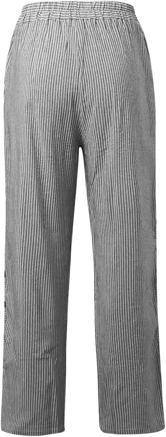 Striped Linen Pants Women Side Button Elastic Waist Capri Gauze Pants Lightweight Summer Beach Trousers with Pockets