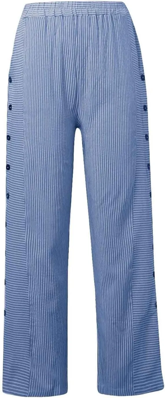 Striped Linen Pants Women Side Button Elastic Waist Capri Gauze Pants Lightweight Summer Beach Trousers with Pockets
