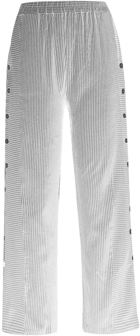 Striped Linen Pants Women Side Button Elastic Waist Capri Gauze Pants Lightweight Summer Beach Trousers with Pockets