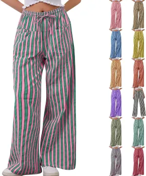 Striped Pants Women Drawstring Elastic Waist Wide Leg Pants Casual Vintage Straight Leg Trousers with Pockets