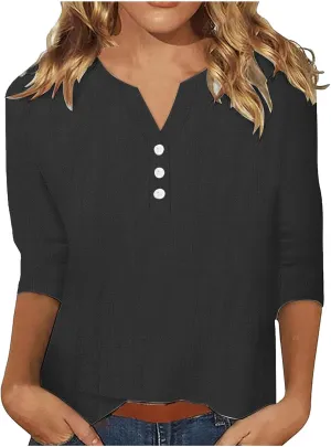 Summer Cotton Linen Shirts for Women 2025 Casual 3/4 Sleeve Tunic Shirts Spring Vacation Fashion Clothes