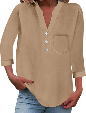 Summer Cotton Linen Shirts for Women 2025 Casual 3/4 Sleeve Tunic Shirts Spring Vacation Fashion Clothes