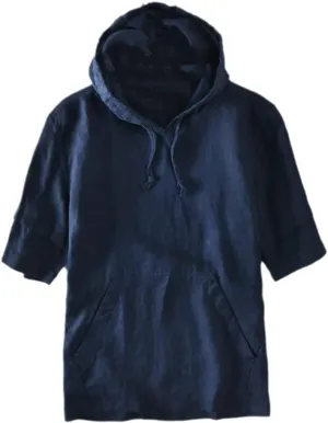 Summer Men Linen Kangaroo Pocket Half Sleeve Hooded T-Shirts