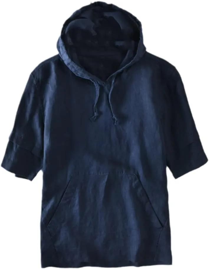 Summer Men Linen Kangaroo Pocket Half Sleeve Hooded T-Shirts