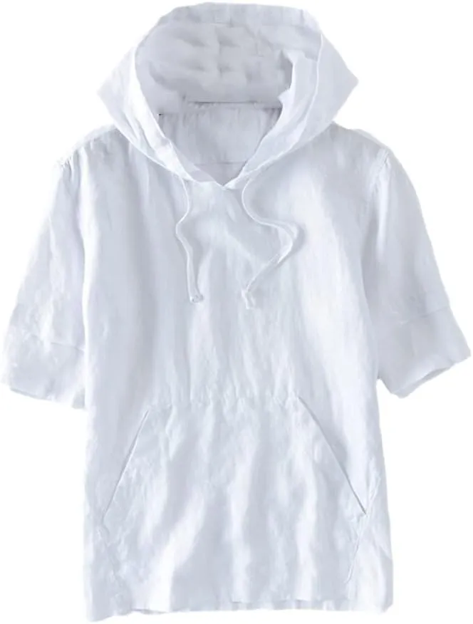 Summer Men Linen Kangaroo Pocket Half Sleeve Hooded T-Shirts