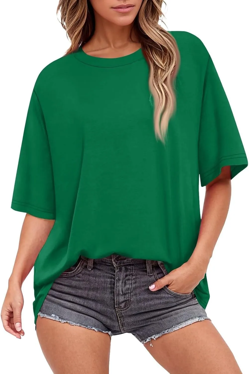 Summer Tops for Women Short Sleeve Crewneck Oversized T Shirts Trendy Solid/Flower Printed Beach Vacation Clothes