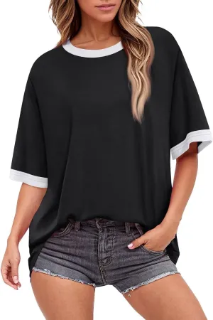 Summer Tops for Women Short Sleeve Crewneck Oversized T Shirts Trendy Solid/Flower Printed Beach Vacation Clothes