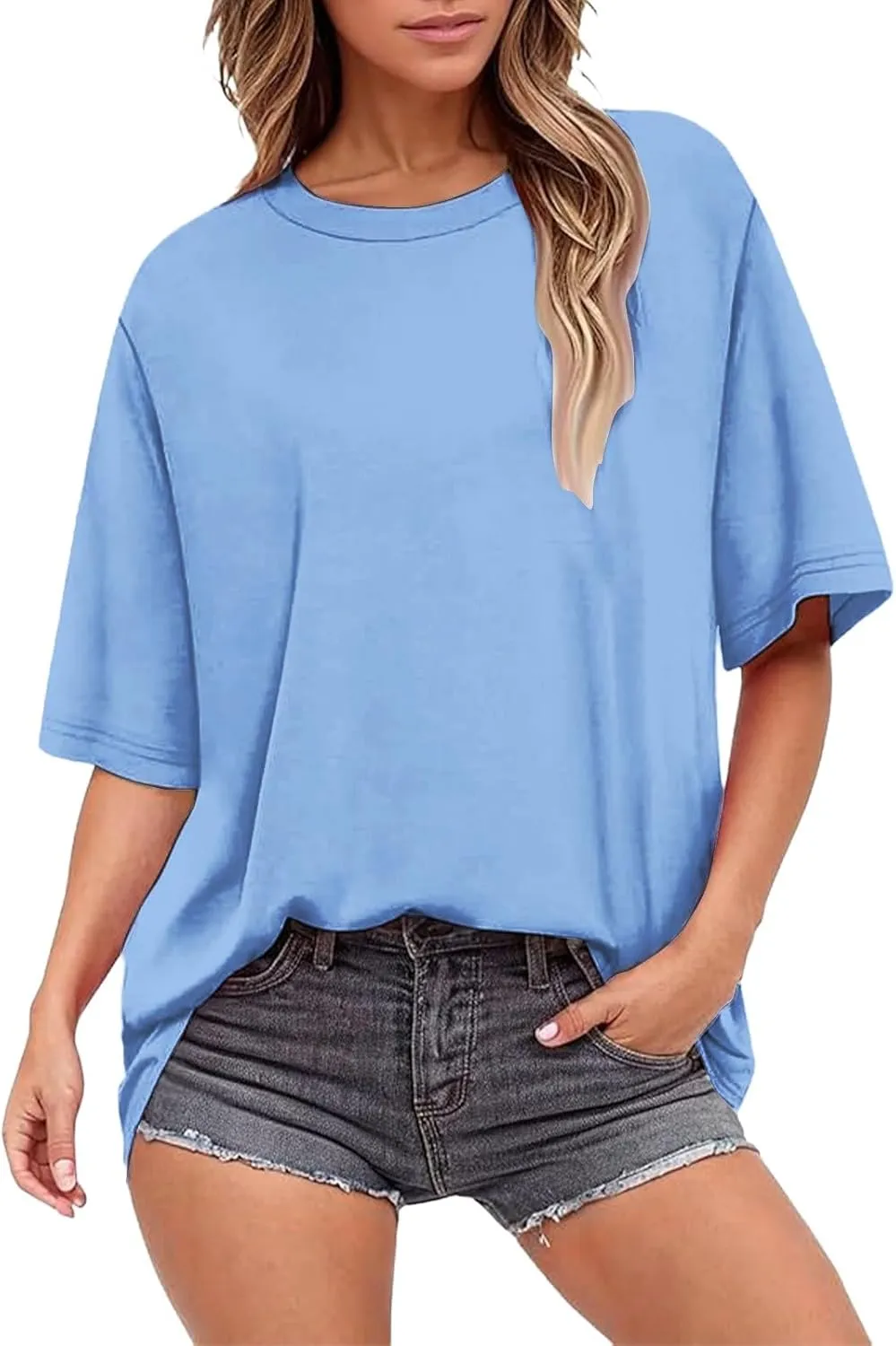 Summer Tops for Women Short Sleeve Crewneck Oversized T Shirts Trendy Solid/Flower Printed Beach Vacation Clothes