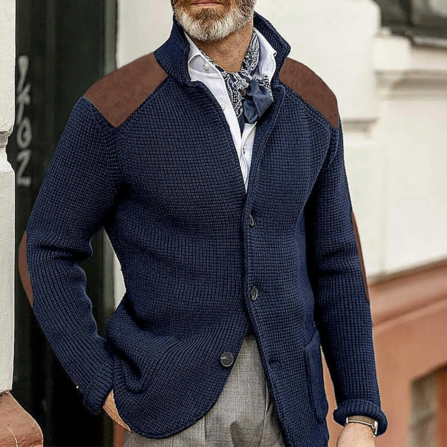 SUWBMHWE Men's Shawl Collar Cardigan Sweater Button Down Warm Knitted Sweaters Shoulder Patch Winter Chunky Cardigans