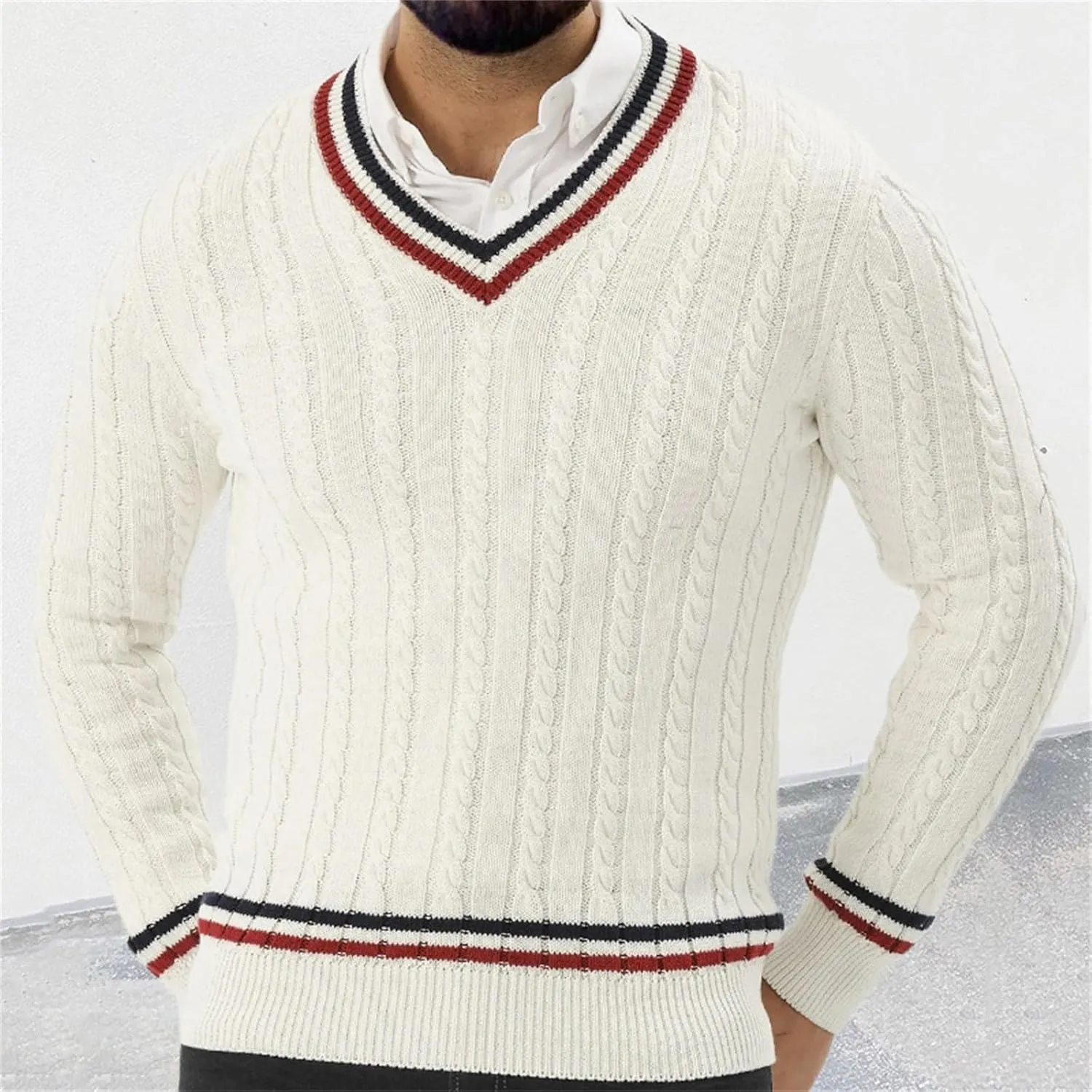SUWBMHWE Mens V Neck Sweater Solid Color Long Sleeve Pullover Slim Fit Lightweight Casual Fall Fashion Sweater Knitted Tops