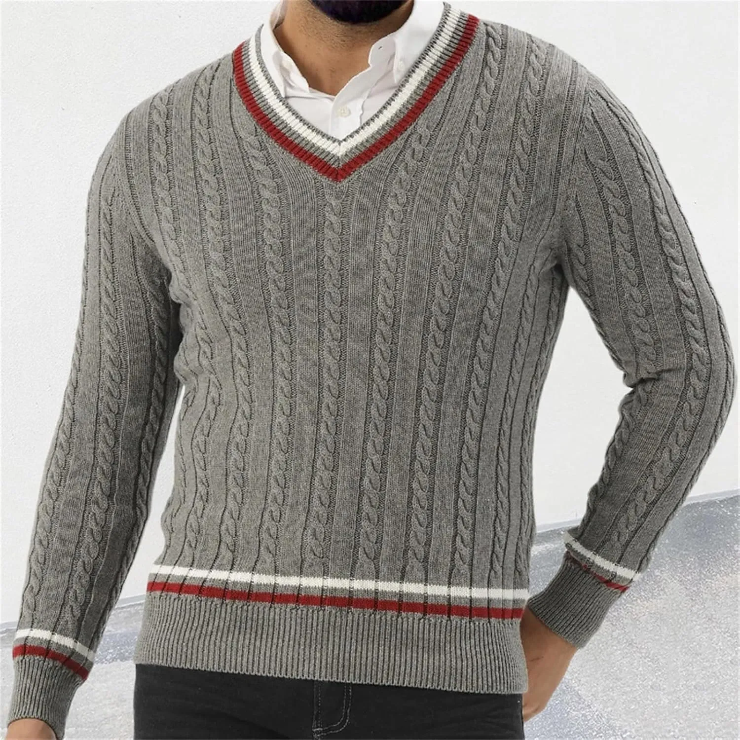 SUWBMHWE Mens V Neck Sweater Solid Color Long Sleeve Pullover Slim Fit Lightweight Casual Fall Fashion Sweater Knitted Tops