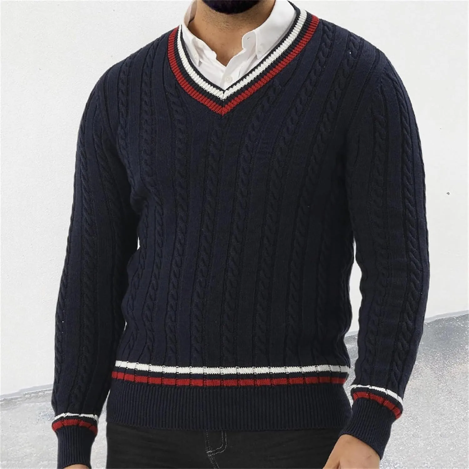 SUWBMHWE Mens V Neck Sweater Solid Color Long Sleeve Pullover Slim Fit Lightweight Casual Fall Fashion Sweater Knitted Tops