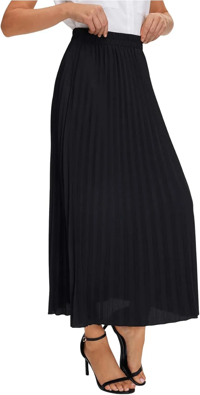 SweatyRocks Women's Casual Solid Longline Pleated Long Skirt