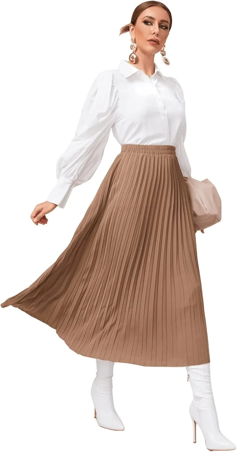 SweatyRocks Women's Casual Solid Longline Pleated Long Skirt