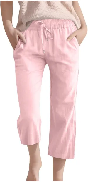 Teen Girls Cotton Linen Capri Pants Kids Summer Preppy Cropped Lounge Pant Baggy Lightweight Elastic Waist Trousers
