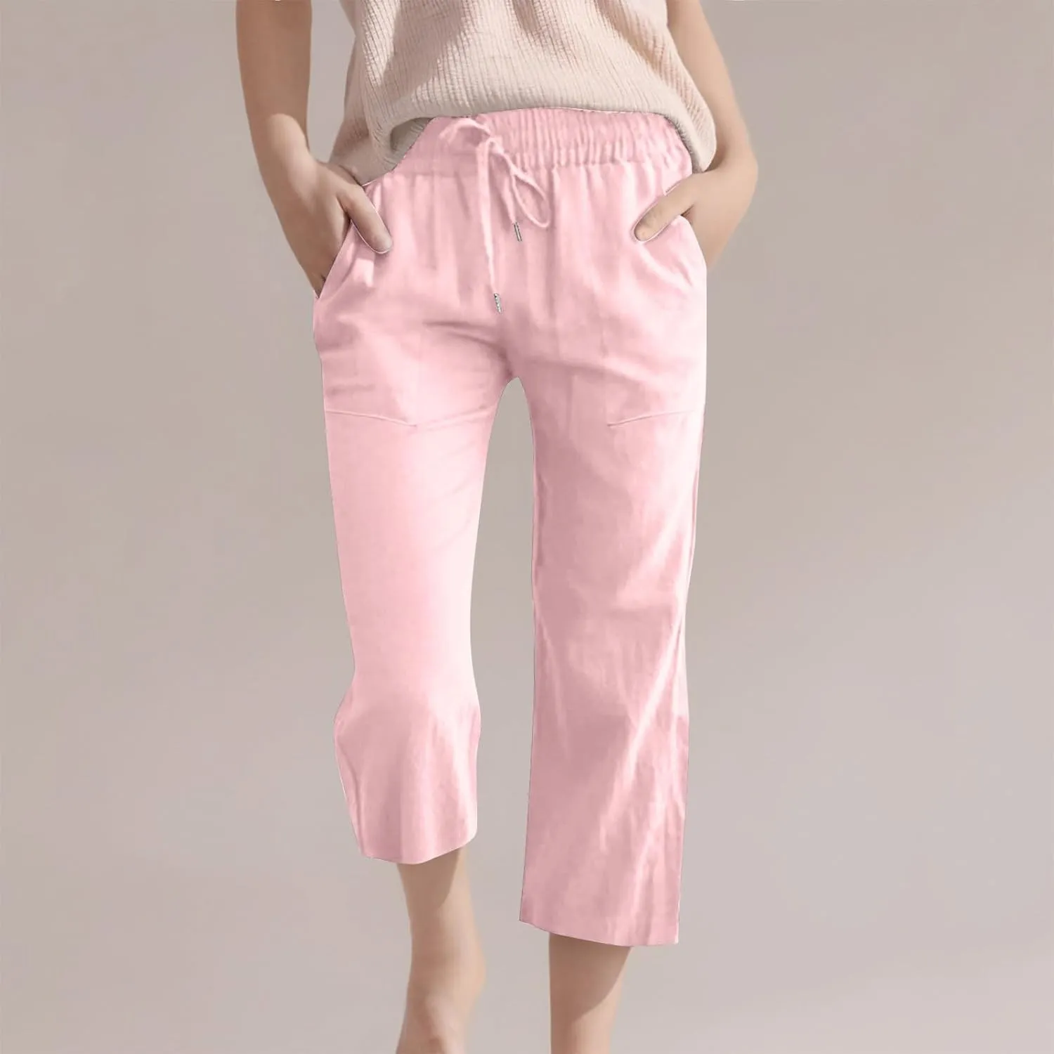 Teen Girls Cotton Linen Capri Pants Kids Summer Preppy Cropped Lounge Pant Baggy Lightweight Elastic Waist Trousers