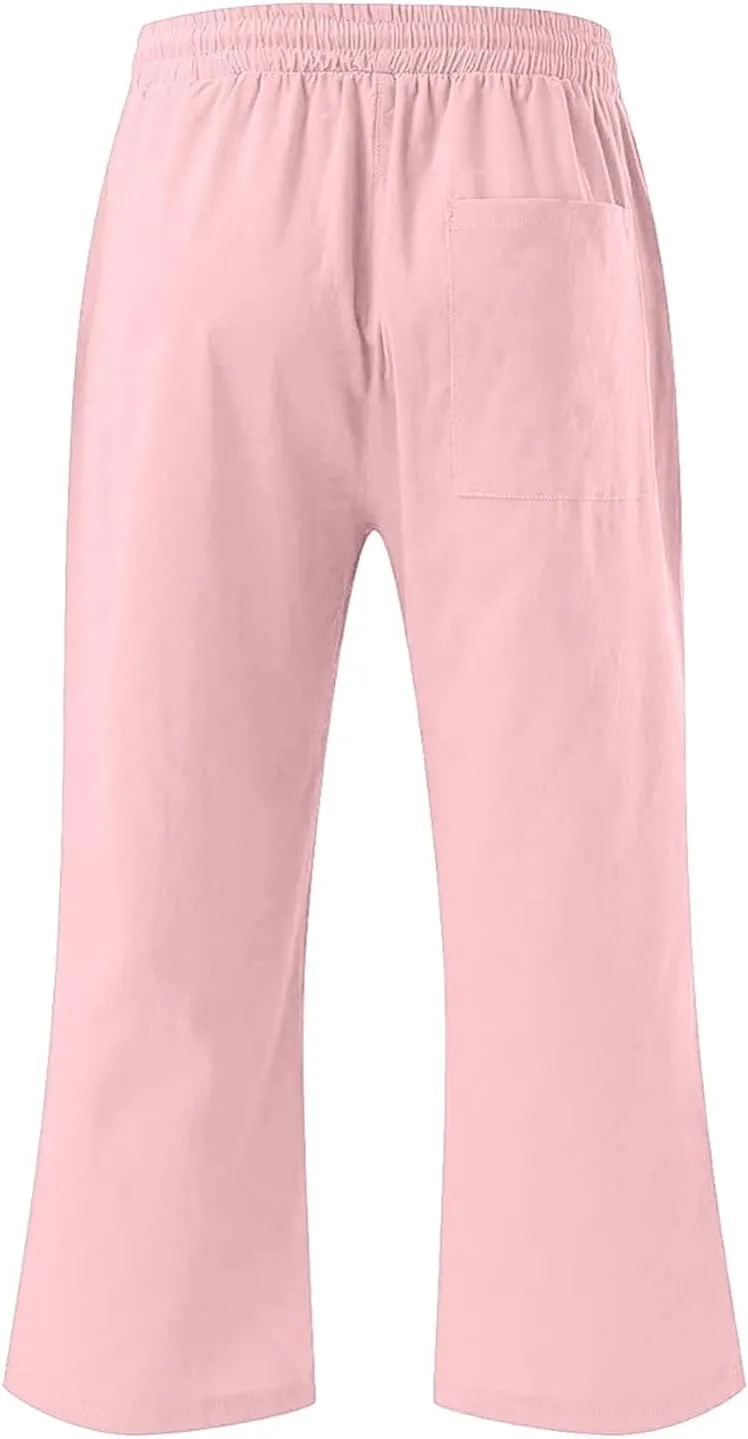 Teen Girls Cotton Linen Capri Pants Kids Summer Preppy Cropped Lounge Pant Baggy Lightweight Elastic Waist Trousers