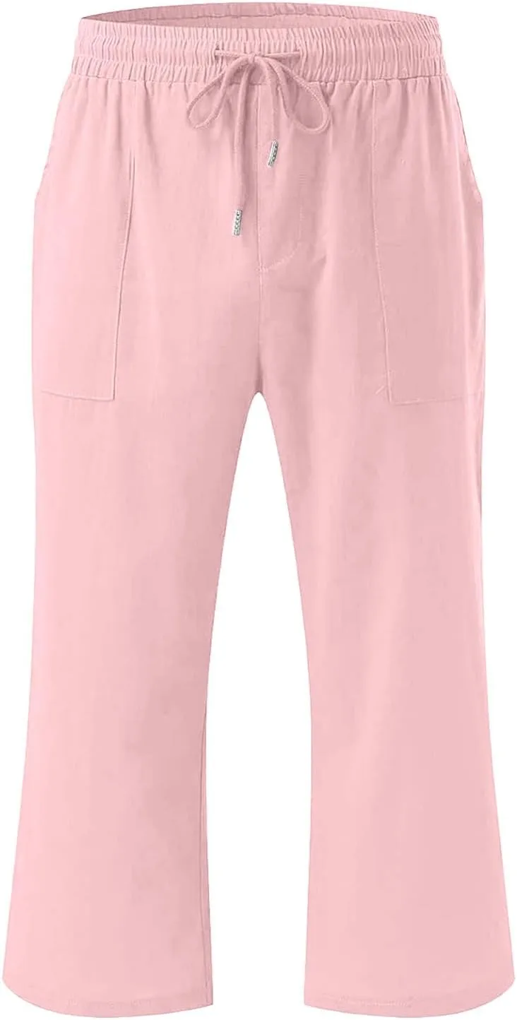 Teen Girls Cotton Linen Capri Pants Kids Summer Preppy Cropped Lounge Pant Baggy Lightweight Elastic Waist Trousers