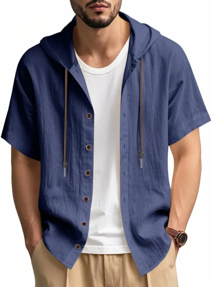 TOMITANY Mens Summer Linen Shirt Short Sleeved Button Down Shirts Lightweight Cardigan Hooded Shirt Outdoor Casual Tops