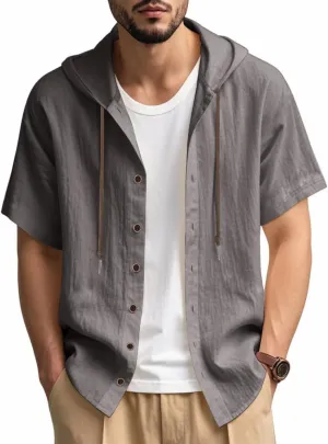 TOMITANY Mens Summer Linen Shirt Short Sleeved Button Down Shirts Lightweight Cardigan Hooded Shirt Outdoor Casual Tops