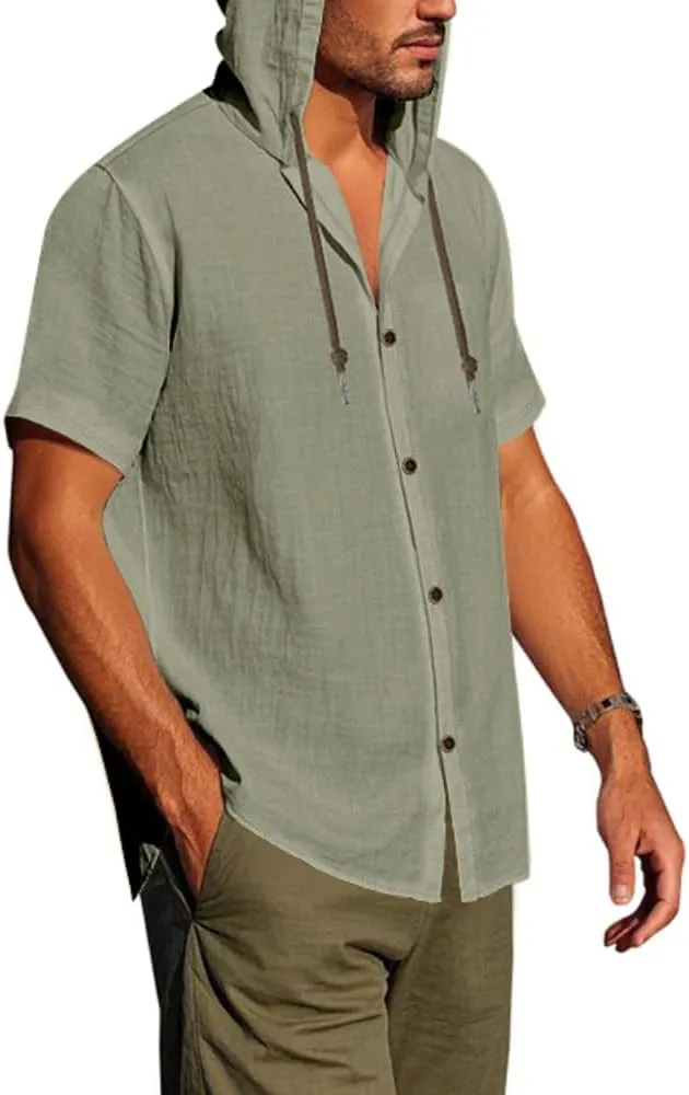 TOMITANY Mens Summer Linen Shirt Short Sleeved Button Down Shirts Lightweight Cardigan Hooded Shirt Outdoor Casual Tops