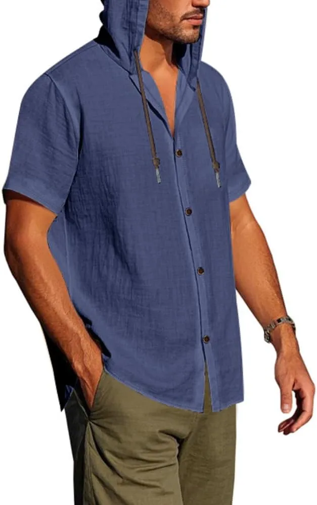 TOMITANY Mens Summer Linen Shirt Short Sleeved Button Down Shirts Lightweight Cardigan Hooded Shirt Outdoor Casual Tops