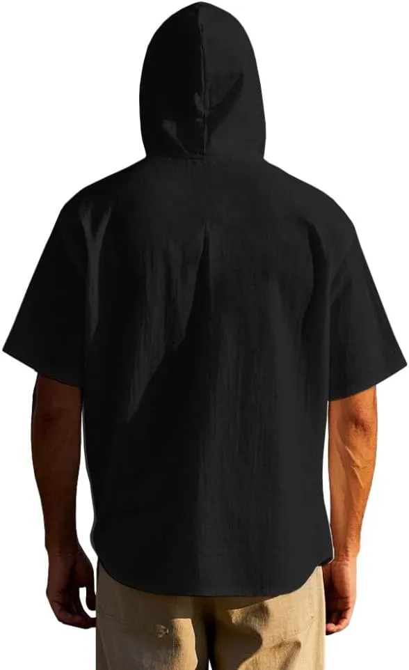 TOMITANY Mens Summer Linen Shirt Short Sleeved Button Down Shirts Lightweight Cardigan Hooded Shirt Outdoor Casual Tops