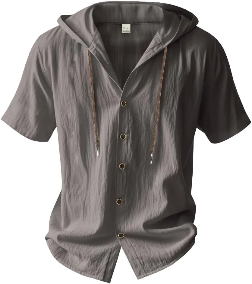 TOMITANY Mens Summer Linen Shirt Short Sleeved Button Down Shirts Lightweight Cardigan Hooded Shirt Outdoor Casual Tops