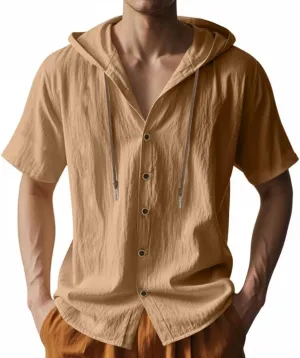 TOMITANY Mens Summer Linen Shirt Short Sleeved Button Down Shirts Lightweight Cardigan Hooded Shirt Outdoor Casual Tops