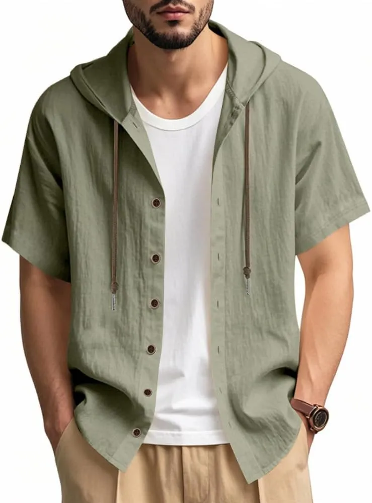 TOMITANY Mens Summer Linen Shirt Short Sleeved Button Down Shirts Lightweight Cardigan Hooded Shirt Outdoor Casual Tops