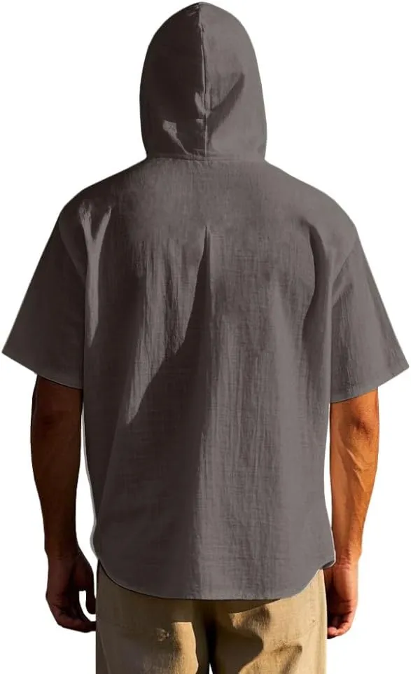 TOMITANY Mens Summer Linen Shirt Short Sleeved Button Down Shirts Lightweight Cardigan Hooded Shirt Outdoor Casual Tops