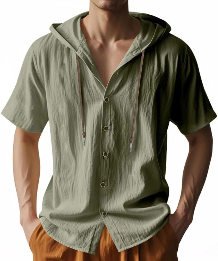 TOMITANY Mens Summer Linen Shirt Short Sleeved Button Down Shirts Lightweight Cardigan Hooded Shirt Outdoor Casual Tops