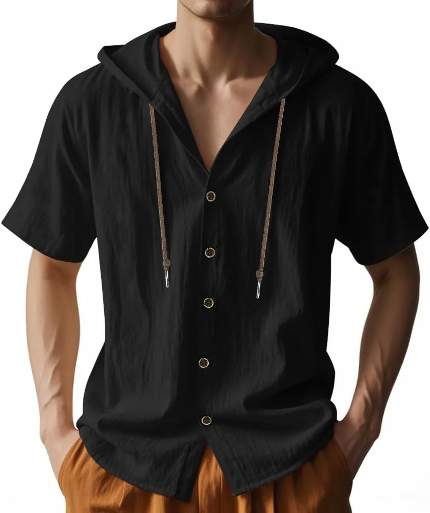 TOMITANY Mens Summer Linen Shirt Short Sleeved Button Down Shirts Lightweight Cardigan Hooded Shirt Outdoor Casual Tops