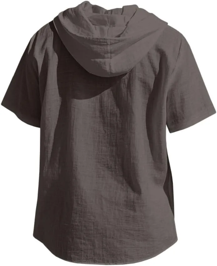 TOMITANY Mens Summer Linen Shirt Short Sleeved Button Down Shirts Lightweight Cardigan Hooded Shirt Outdoor Casual Tops