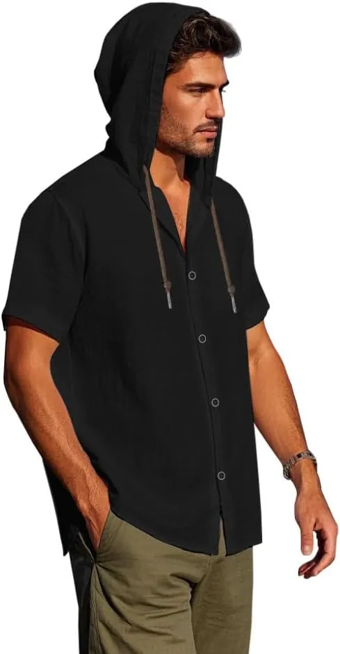 TOMITANY Mens Summer Linen Shirt Short Sleeved Button Down Shirts Lightweight Cardigan Hooded Shirt Outdoor Casual Tops