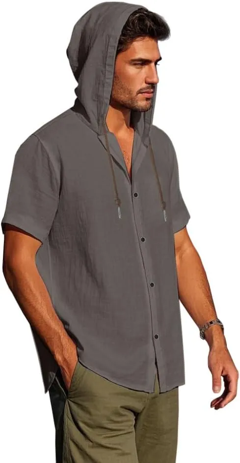 TOMITANY Mens Summer Linen Shirt Short Sleeved Button Down Shirts Lightweight Cardigan Hooded Shirt Outdoor Casual Tops