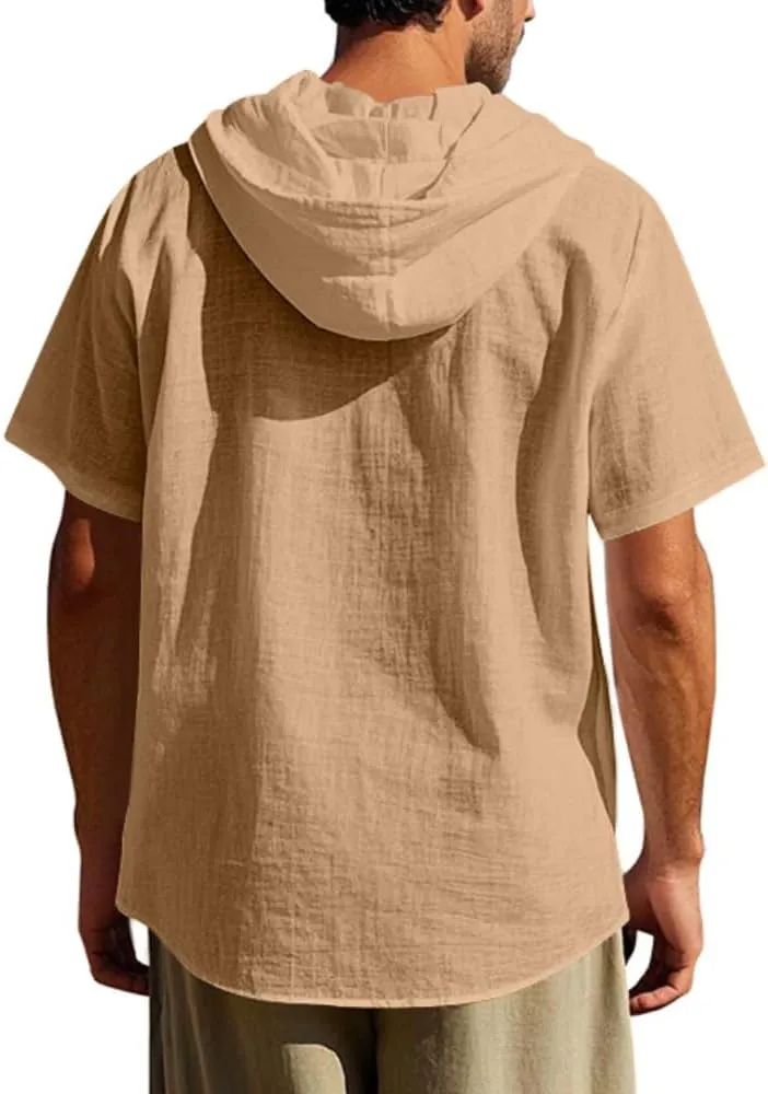 TOMITANY Mens Summer Linen Shirt Short Sleeved Button Down Shirts Lightweight Cardigan Hooded Shirt Outdoor Casual Tops