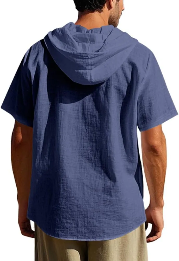 TOMITANY Mens Summer Linen Shirt Short Sleeved Button Down Shirts Lightweight Cardigan Hooded Shirt Outdoor Casual Tops