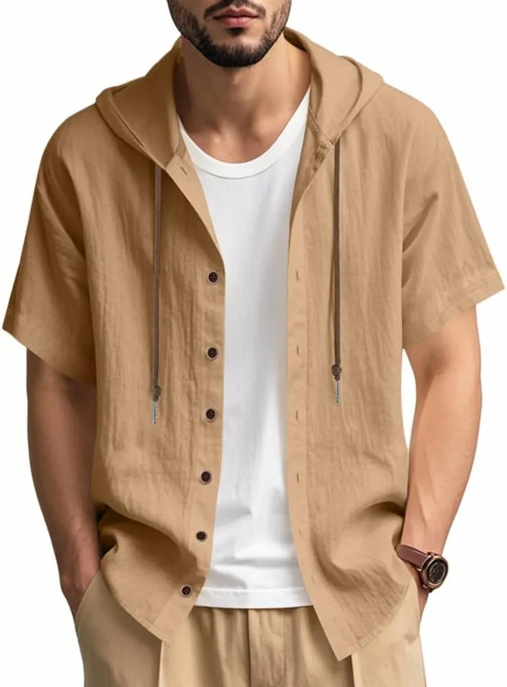 TOMITANY Mens Summer Linen Shirt Short Sleeved Button Down Shirts Lightweight Cardigan Hooded Shirt Outdoor Casual Tops