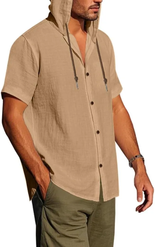 TOMITANY Mens Summer Linen Shirt Short Sleeved Button Down Shirts Lightweight Cardigan Hooded Shirt Outdoor Casual Tops