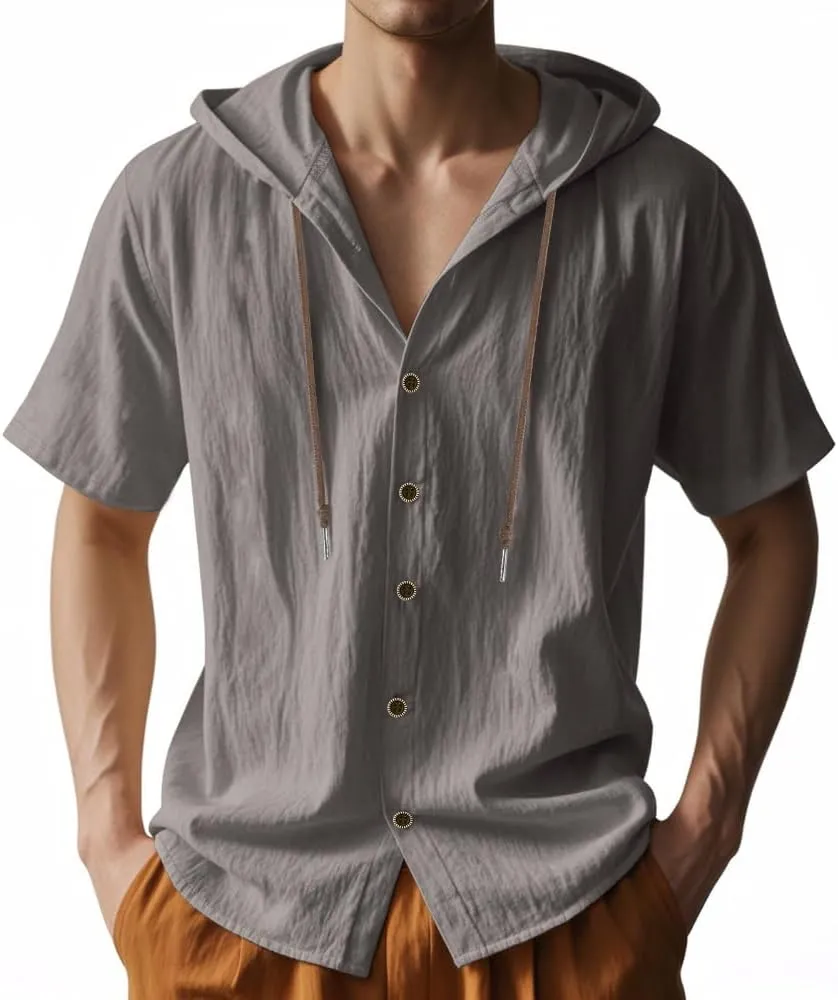 TOMITANY Mens Summer Linen Shirt Short Sleeved Button Down Shirts Lightweight Cardigan Hooded Shirt Outdoor Casual Tops